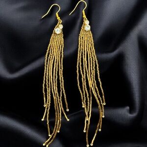 Handmade Bronze Color Seeds Beads Long Fringe Dangle Tassel Rhinestone Earrings
